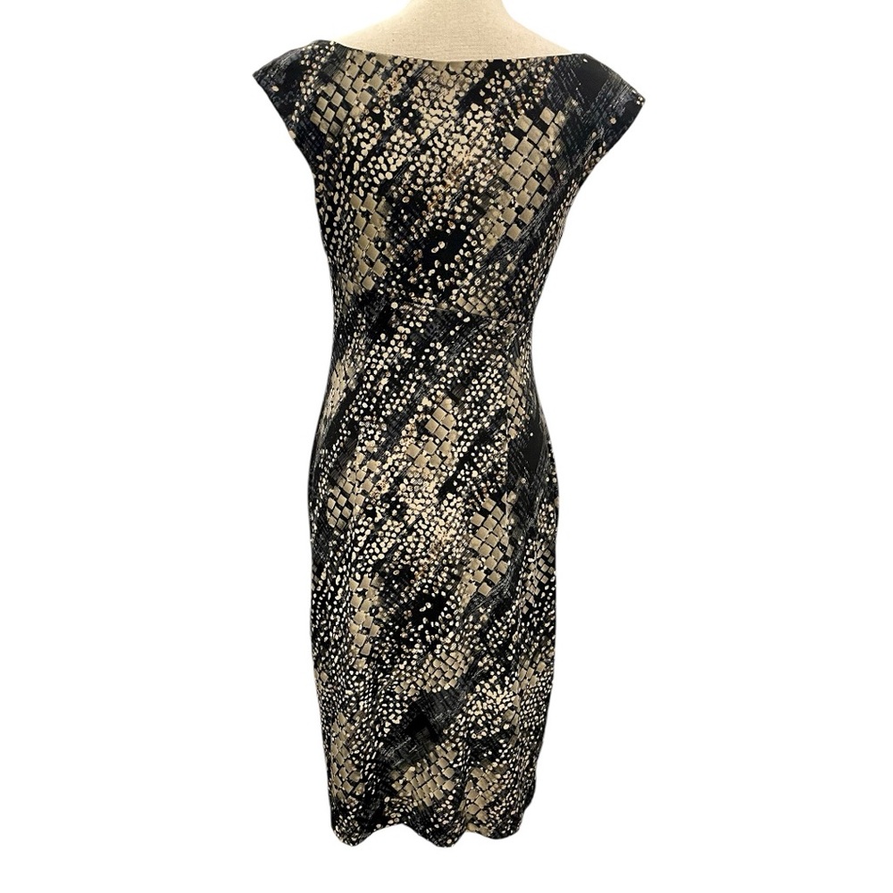 Connected Apparel Blue Black Tan Faux Wrap Dress - Picture 4 of 5